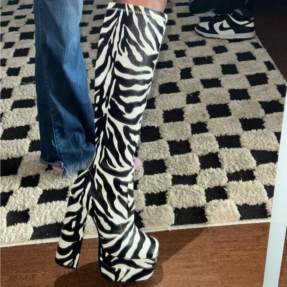 Nasty Gal Black and White Zebra Over the Knee Boots